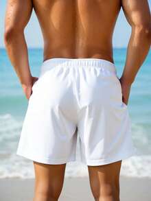 Manfinity Swimmode Men's Palm Tree Print Drawstring Waist Pocket Beach Shorts - White - View 2