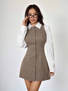 SHEIN PETITE 女士时尚前扣无袖迷你连衣裙，适合通勤、学院风、棕色系、粗花呢连衣裙、棕色半身裙、格子半身裙、正式连衣裙、优雅毕业礼服、外出装扮、新年女装、国庆女装、万圣节服装、圣诞节 - 棕色 - 查看 6