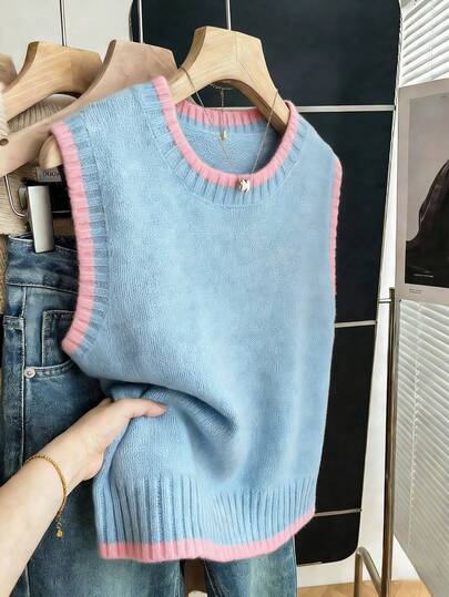 Franclia Casual Loose Crew Neck Sleeveless Knitted Contrast Trim Khaki Sweater Top For Women, Spring/Autumn Pastel Clothes Summer Jumper Knit Tops Blue Sweater