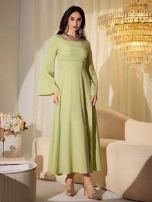 Modelyn Women's Elegant V-Neck Cutout Flared Long Sleeve Blue Dress - Green - View 4