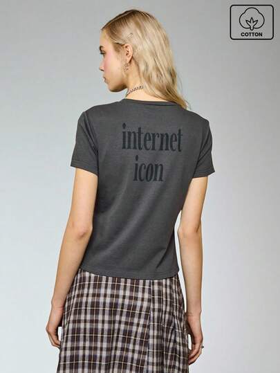 COUREZ Short Sleeve Back Print T-Shirt /Y2K  Going Out Tops Women Tops Brown Top Graphic Tees Women Cute Tops Summer Tops Summer Outfits