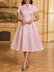 SHEIN Lady Women's Elegant Jacquard Cutout Neck Waist Midi Dress, Summer - Pink - View 1