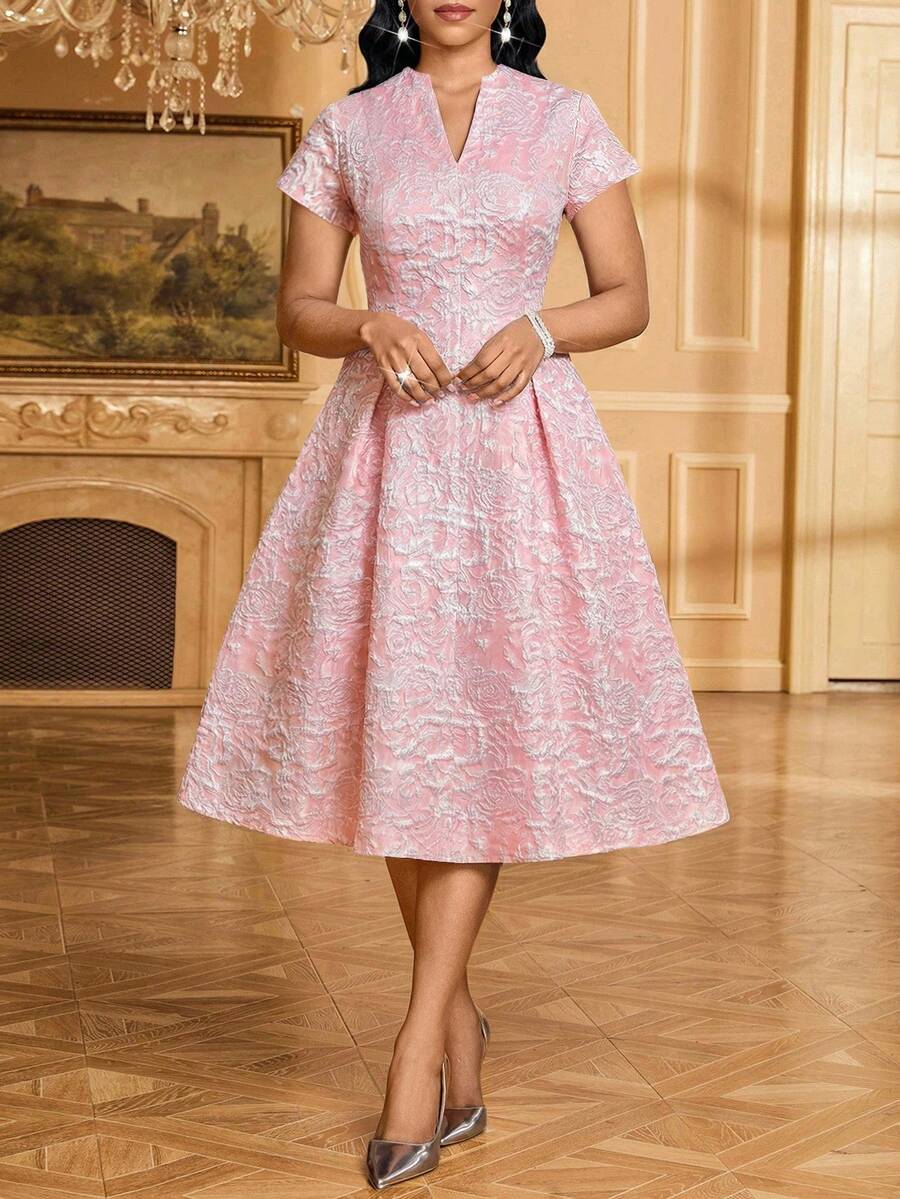 SHEIN Lady Women's Elegant Jacquard Cutout Neck Waist Midi Dress, Summer - Pink - View 1