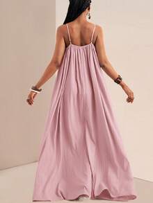 Slaydiva Plus Size Solid Color Spaghetti Strap Square Neck Loose Long Dress, Summer Dresses - Pink - View 10