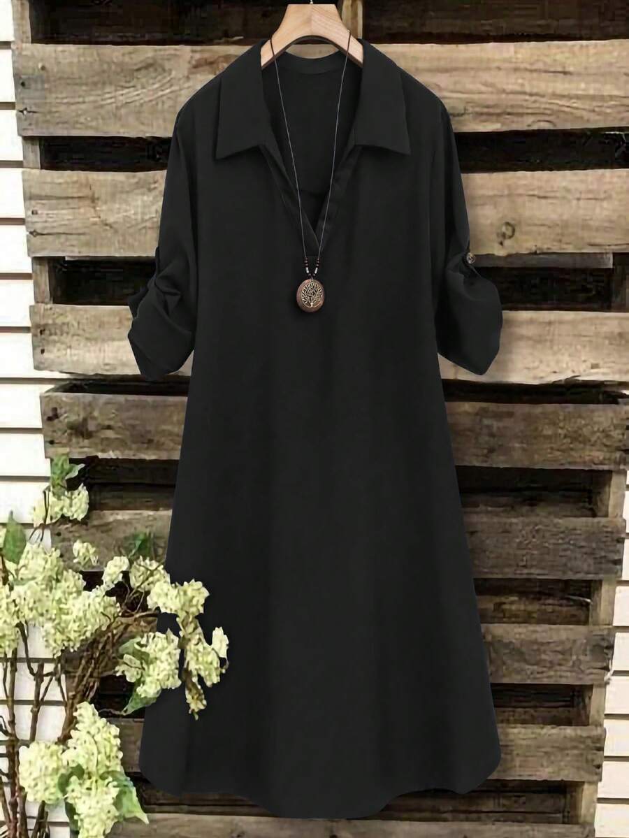 SHEIN Tall CURVE 大码女式法式休闲V领短袖夏季连衣裙 - 黑色 - 查看 1