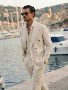 HIMLAND 男士纯色立领双排扣长袖西装外套及西裤套装 - 卡其色 - 查看 3