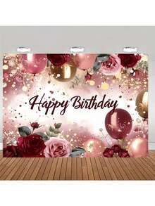 1-Piece Polyester Birthday Party Banner | Rose & Red Balloon Pattern, Perfect For Indoor/Outdoor Decor & Photo Backdrop - Multicolor - View 6