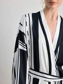 Ocili Silky Satin Striped Loose Belted Mid-Length Robe, Women Sleepwear - Black and White - View 5