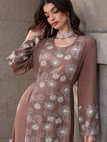 Al Najma 复古刺绣休闲修身日常长袖土耳其和阿拉伯传统女式连衣裙 - 棕色 - 查看 6