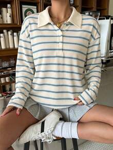 Muchica 蓝白条纹针织休闲女式长袖T恤 - 藍白色 - 查看 4