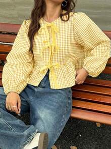 SHEIN EZwear Kariertes Lässig Hemd in Große Größen, hellgelb - Hellgelb - Übersicht 3