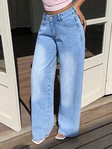 Sunnyshic 女士休闲花卉刺绣宽松直筒牛仔裤，适合度假和外出穿着 - 藍色 - 查看 2