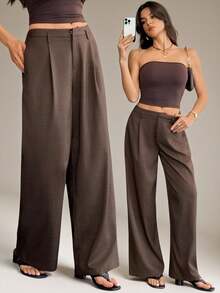 SHEIN Tall 女士商务休闲裤 女士西式服装 女士阔腿裤 办公室女士宽松裤 专业女士办公室服装 棕色裤子 棕色阔腿裤 棕色抹胸上衣 - 棕色 - 查看 9