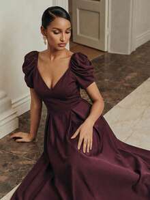 Anewsta New Arrival Women's V-Neck Puff Sleeve Elegant Long Dress - Burgundy - View 5