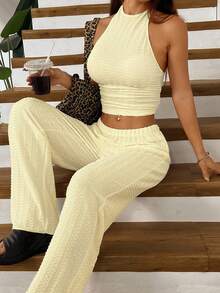 Muchica Women's Casual Knit Halter Neck Top And Pants Set, Light Yellow, Summer - Light Yellow - View 5