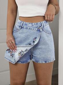 SHEIN PETITE Women's Embroidered Minimalist Casual Denim Shorts - Blue - View 3