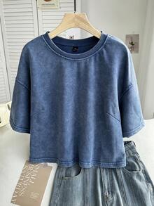 SHEIN EZwear 大码水洗棉雪花短袖T恤，海军蓝，春季 - 藏蓝色 - 查看 3