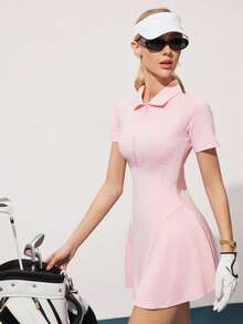 CourtClass Damen Einfarbiges Poloshirt-Kleid mit Reißverschluss, halber Knopfleiste, Polokragen und Kurzarm, mit Shorts - Babypink - Übersicht 6