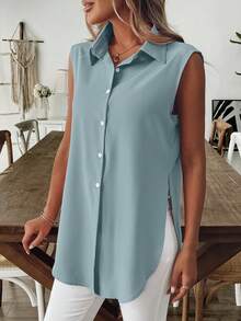 SHEIN LUNE 女士优雅休闲西部乡村风格纯黑色立领短袖长款喇叭下摆衬衫 - 淺灰色 - 查看 3