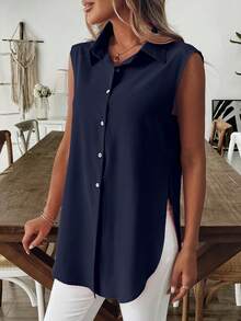 SHEIN LUNE Women's Elegant Casual Western Country Style Solid Black Mandarin Collar Short Sleeve Long Flared Hem Blouse - Royal Blue - View 4