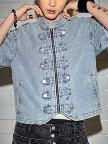 ROMWE MEN Grunge Punk Áo sơ mi denim tay ngắn kiểu cổ điển thời Trung cổ dành cho nam - trắng - Xem 5