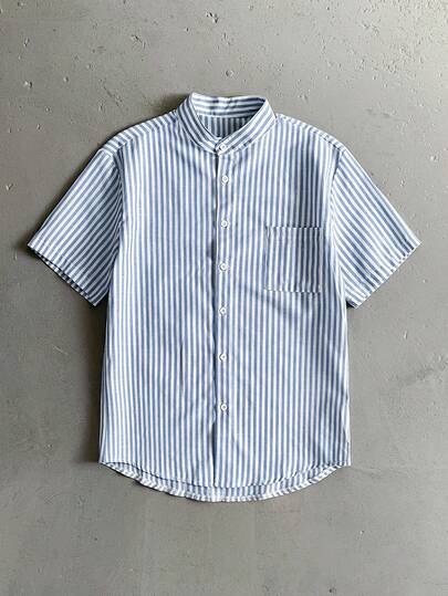 StoneGrade 男士条纹印花贴袋前扣休闲短袖衬衫