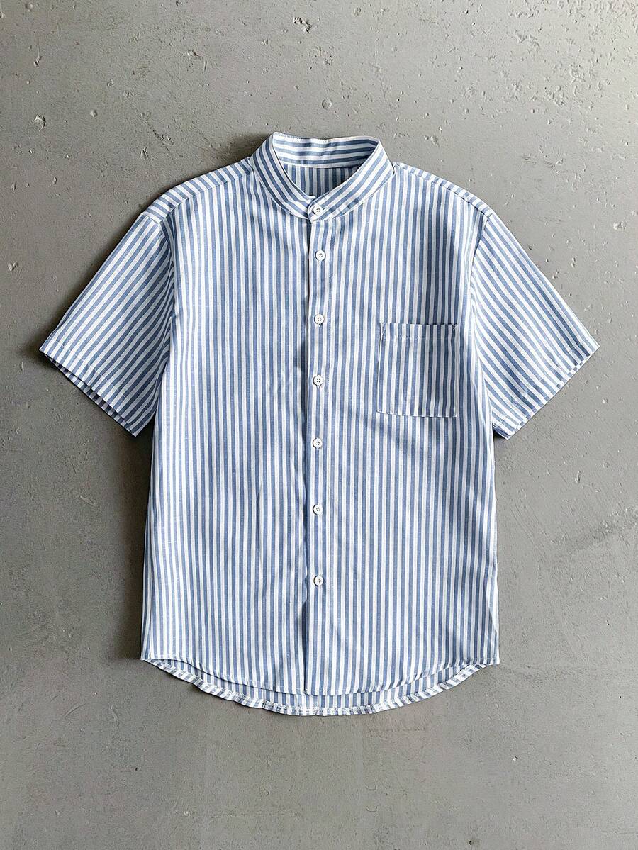 StoneGrade 男士条纹印花贴袋前扣休闲短袖衬衫 - 藍色 - 查看 1