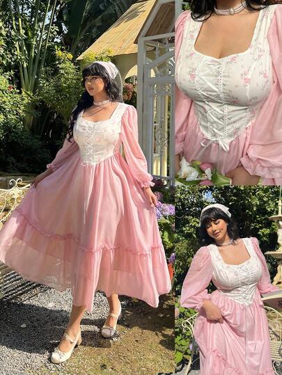 Lyrianda Plus Size Romantic Square Collar Floral Print Patchwork Chiffon A-Line Dress