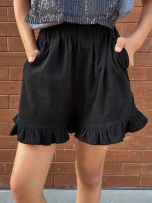 DAZY 少女纯色荷叶边斜插口袋休闲短裤 - 黑色 - 查看 1