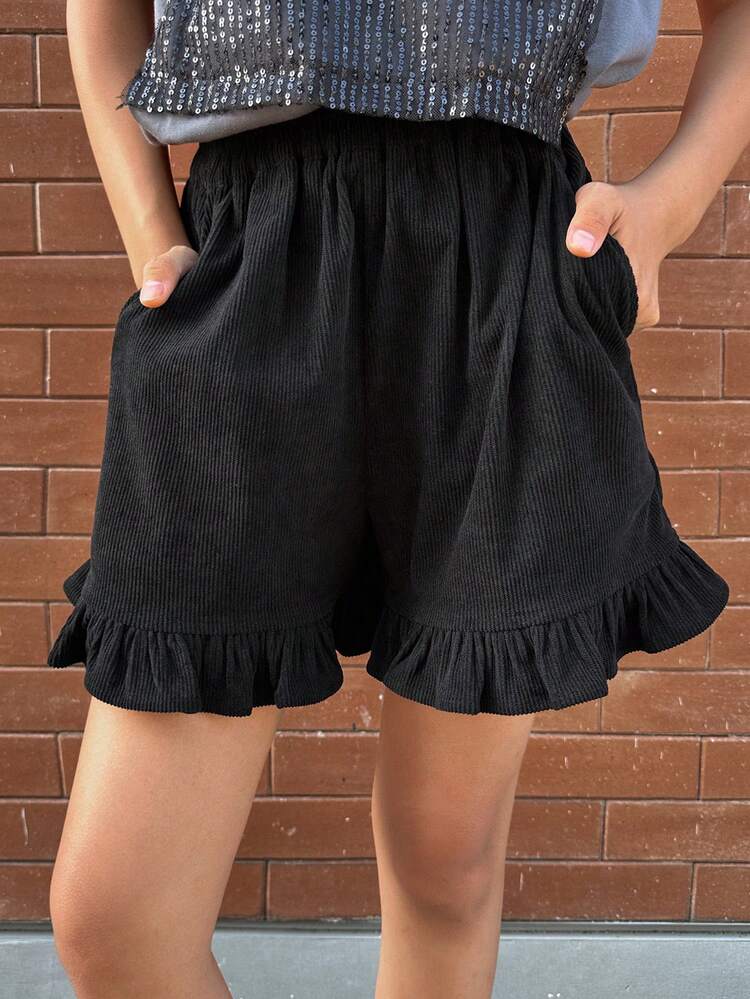 Teen Girl Plain Ruffled Hem Slant Pocket Casual Shorts Summer