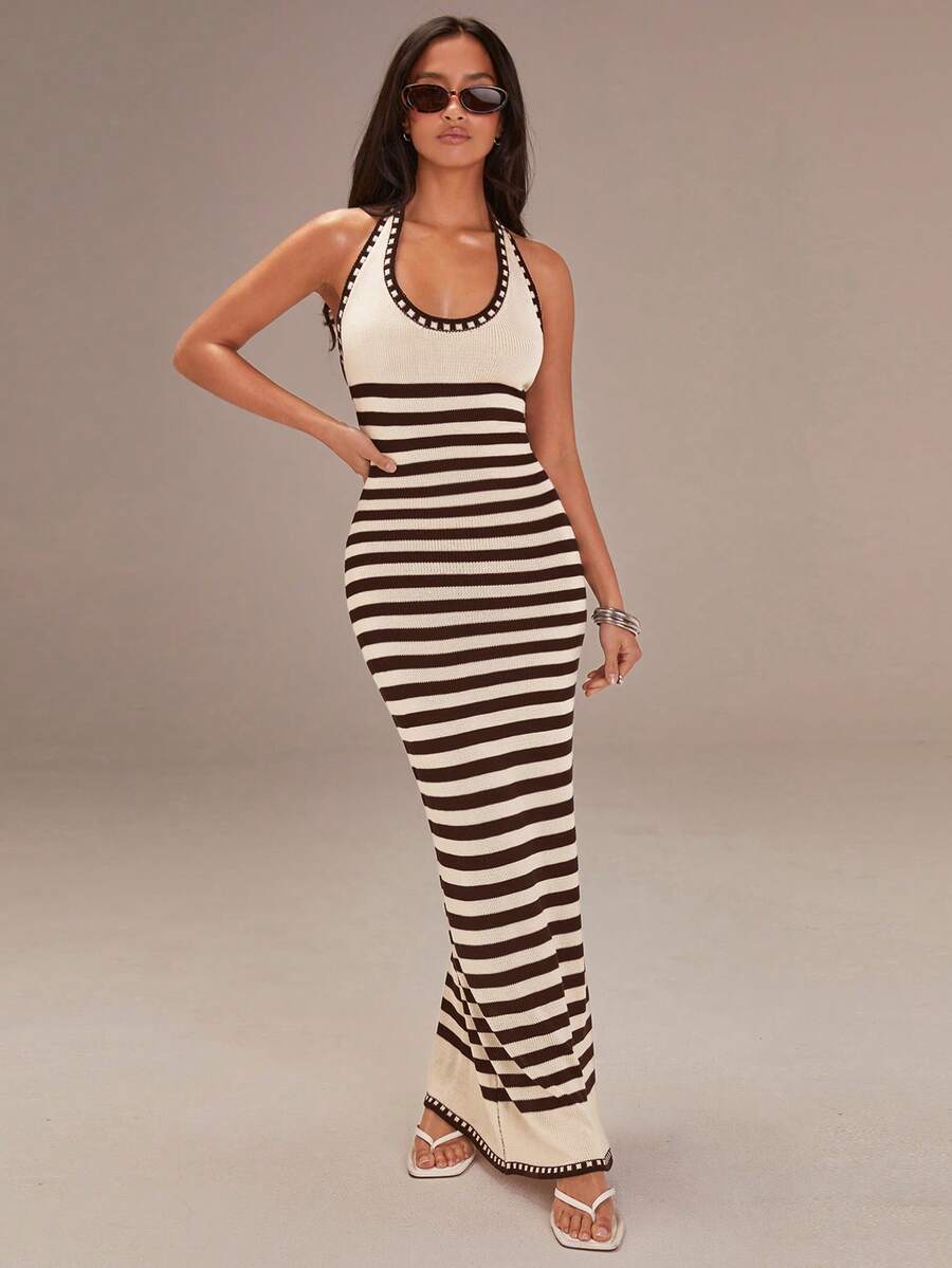 Athîral Women's Casual Vacation Striped Halter Knit Dress - Coffee Brown - View 1