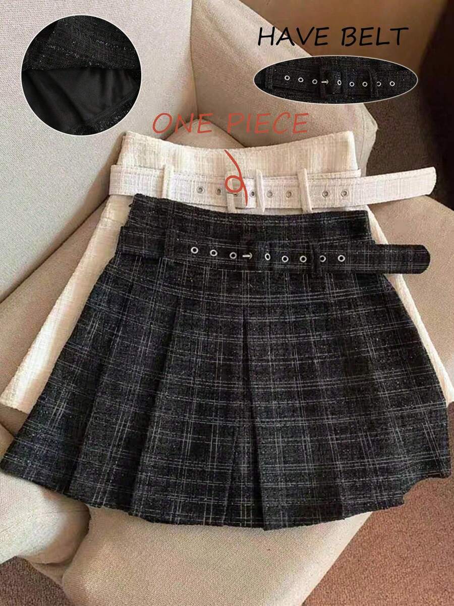 Franclia 女士格子百褶休闲百搭日常约会外出迷你裙 - 黑與白 - 查看 1