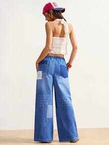 Bohemela Women's Contrast Color Ripped Pocket Drawstring Waist Jeans - Medium Wash - View 4