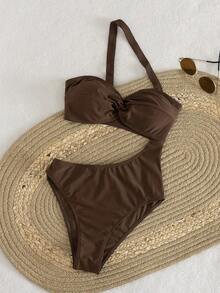 Swim Chiccia Áo tắm liền thân nữ màu trơn, kiểu dáng gợi cảm, khoét eo, thích hợp cho bãi biển và kỳ nghỉ, mùa xuân/hè. - màu nâu - Xem 5