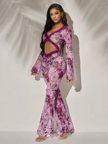 Radiana Women's Sexy Fashion Purple Leopard Print Lace Patchwork V-Neck Backless Jumpsuit - Multicolor - View 1