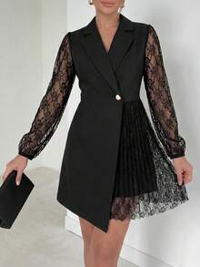 EMERY ROSE Vestido envolvente plisado con aplicaciones de encaje, elegante para el trabajo - Negro - Ver 4
