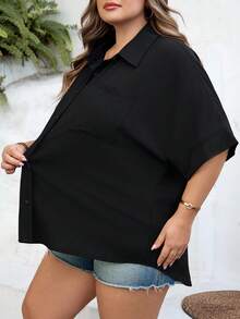 SHEIN CURVE+ Curve Mărimea US22Festival de muzică, Vacanță la mare, Cămașă de damă neagră cu mânecă de liliac și nasturi în față, Bohemia - Negru - Vizualizare 5