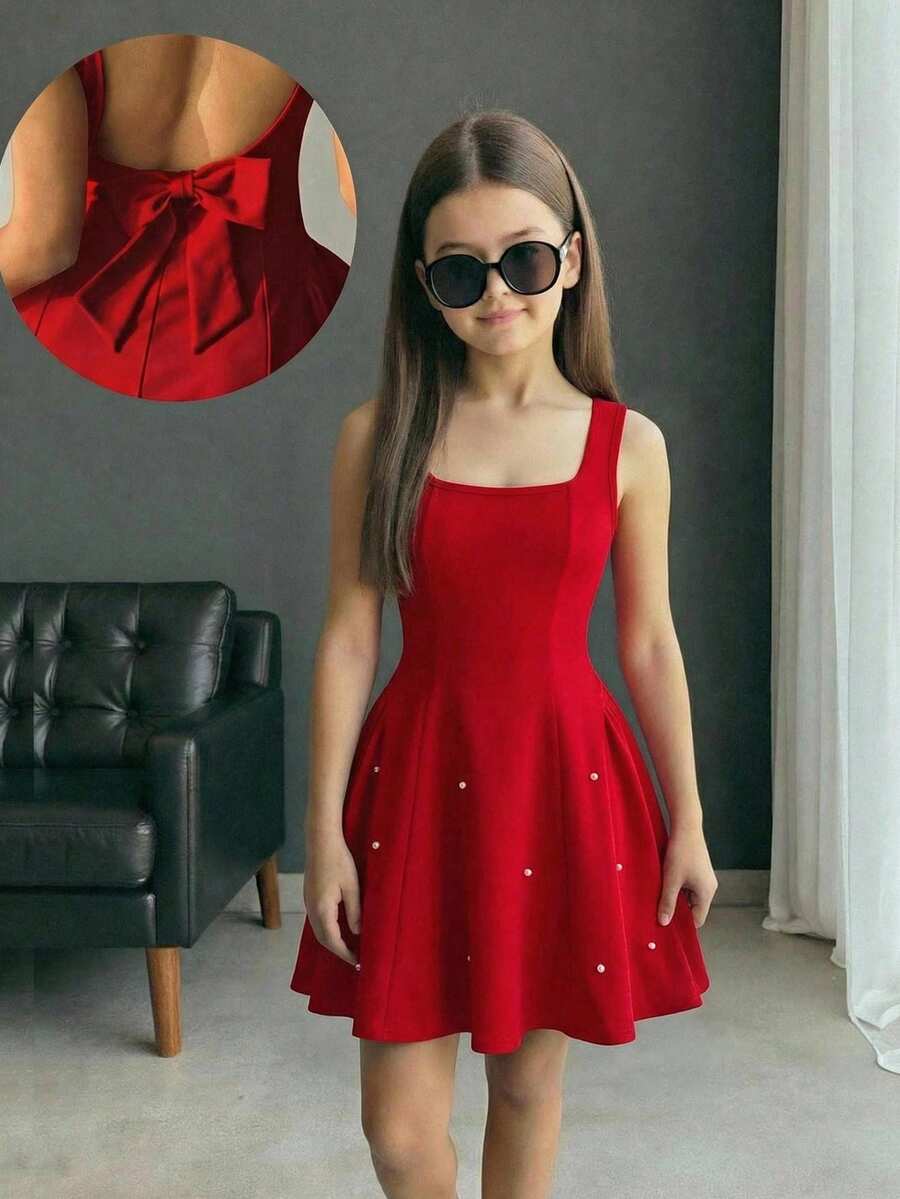 SHEIN Girls' Elegant Square Neck Sleeveless Fitted Bowknot Decor Patchwork A-Line Knit Solid Dress, Red,Kids - Red - View 1