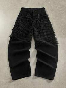 ROMWE MEN Grunge Punk 男士休闲日常宽松牛仔裤，带口袋、纽扣和毛边裤脚设计 - 黑色 - 查看 1