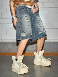ROMWE MEN Grunge Punk Pantalones cortos de mezclilla con cinturón, con ojales y rotos para hombre - Azul - Ver 6