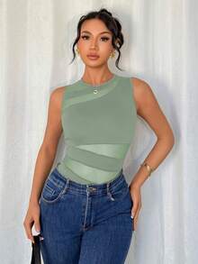 Rafferiza Petite Elegant Sexy Round Neck Sleeveless Knitted Splicing Irregular Mesh Black Spring And Women's Summer Bodysuit Bodysuit Top Mesh Bodysuit Sleeveless Bodysuit Bodysuit Top - Green - View 7