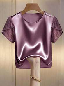 Miaspire Women's Elegant Petal Sleeve Pleated Loose Top, Satin & Contrast Lace, Summer - Purple - View 9