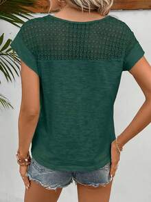 SHEIN Frenchy Women's V-Neck Lace Casual Versatile Daily Wear Short Sleeve T-Shirt - Dark Green - View 2