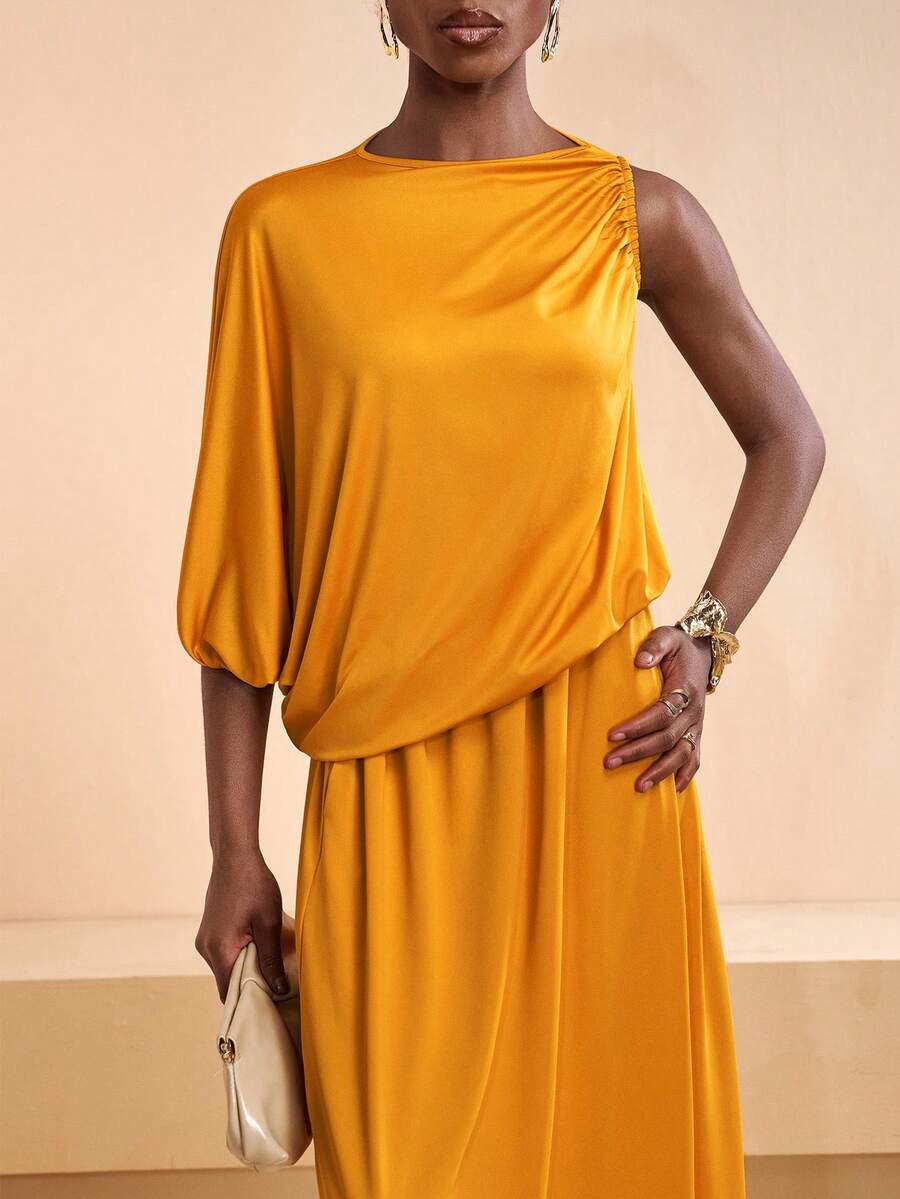 Zivah 2026 Spring New Mediterranean Vacation Style Music Festival Easter Western Nomadic Birthday Party Street Style Sister Afternoon Tea Dance Party Commute Casual Elegant Minimalist Streetwear Fashion Week Street Style Daily Outing Date Night African Fashion African Cut Sleeveless Asymmetric Design Asymmetric Shoulder Elastic Waist Pleated Fabric Flared Skirt Hidden Pockets Stretchy Knit Fabric Mustard Asymmetric Design Sleeveless Pleated Elastic Waist Knit Fabric Commuter Style Maxi Dress - Yellow - View 1