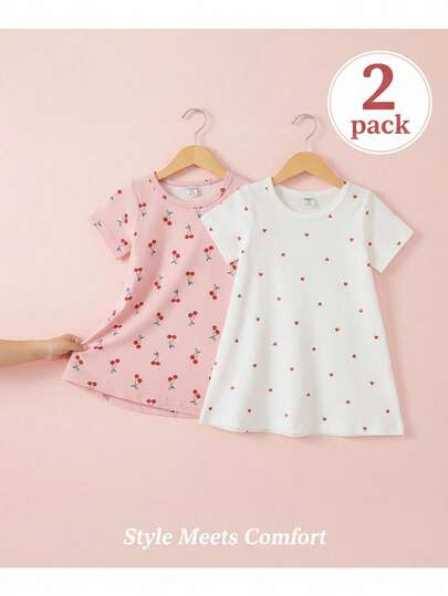 SHEIN 2 Pack Baby Girls Clothes Cute Pink White Dress Mini Dresses Set Sweet Heart Cherry Print Short Sleeve A-Line Shape Soft Breathable Category Clothes Outfits Vestidos For Summer Spring Vacation Party Travel