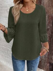 EMERY ROSE Damblus med rund hals och volang, lös textur, enfärgad - Grön - Visa 4