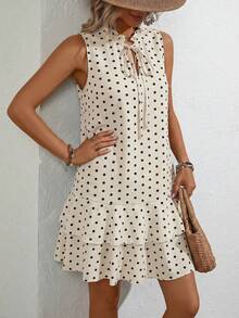 EMERY ROSE 女士波点系领休闲无袖连衣裙，适合约会和外出穿着 - 杏色 - 查看 4