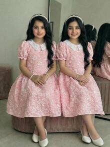 SHEIN 少女优雅提花刺绣领泡泡袖拼接喇叭下摆编织纹理提花连衣裙，粉色 - 粉色 - 查看 4