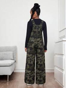 Tween Girl Camouflage & Tree Branch Print Pocket Denim Bib Pants - Army Green - View 2