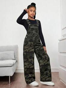 Tween Girl Camouflage & Tree Branch Print Pocket Denim Bib Pants - Army Green - View 5